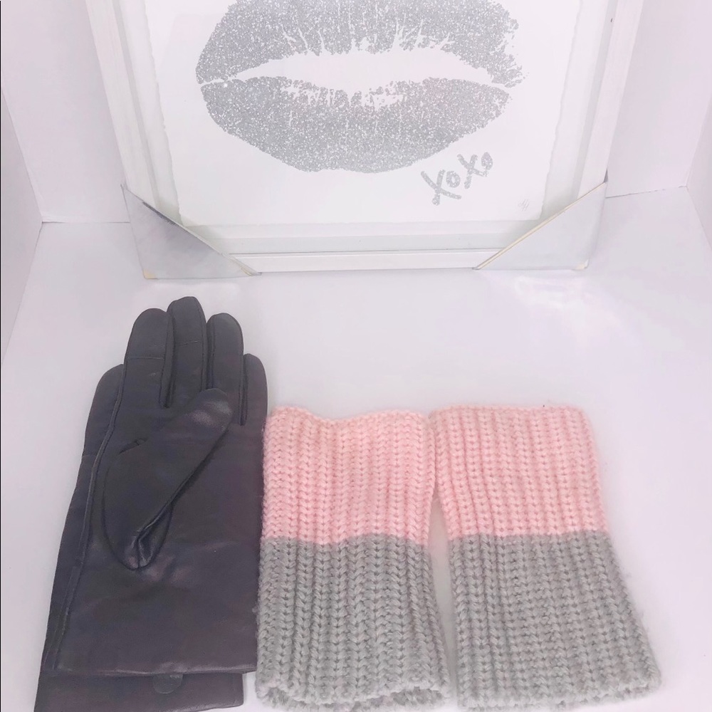 Gray Leather Gloves w/ Pink & Grey wrist warmers